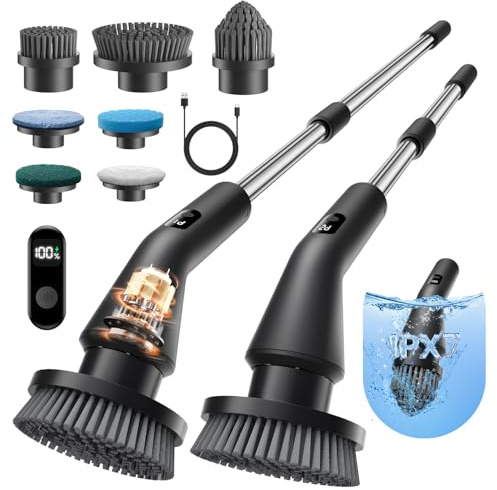 Leebein Spazzola Rotante Pulizia Casa, Spazzola Elettrica per Pulizia, Impermeabile IPX7 con 7 Testine, Manico Estensibile e 2 Velocità per Bagno, Pavimenti e Cucina