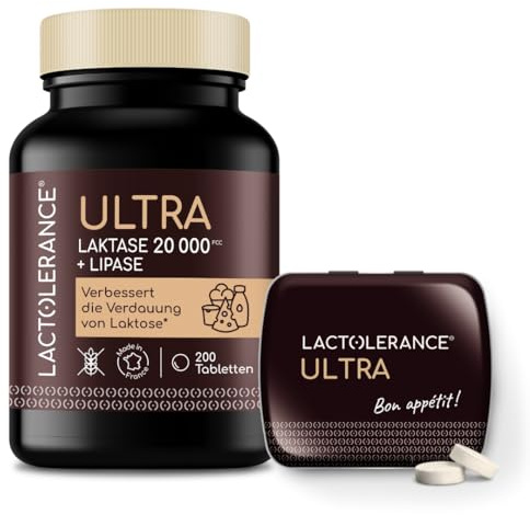 LACTOLERANCE ULTRA – Integratore alimentare a doppia azione con Lattasi 20.000 FCC e Lipasi 500 UI – Digestione ottimale di lattosio e grassi – Confezione da 236 compresse – Prodotto in Francia