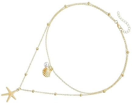 Gold Layered Shell Necklace,Layered Necklaces for Women,Boho Starfish Holiday Jewellery,Summer Beach,Gold Shell Pendant Necklace,Stackable Beach Jewelry,Adjustable Seashell Charm for Vacation Daily