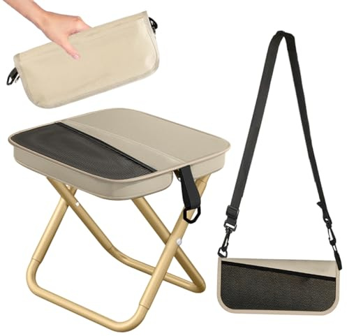 HHDESHSL Sedia Pieghevole Portatile, Mini Sedia Pieghevole per Esterni con Tracolla e Sacchetto a Rete, Sgabello Pieghevole da Campeggio per Viaggi Escursionismo Giardino Pesca Barbecue (Khaki)