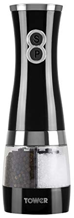 Tower T847004B Electric Salt and Pepper Mills, Battery Operated with Adjustable Ceramic Grinders, Black and Chrome