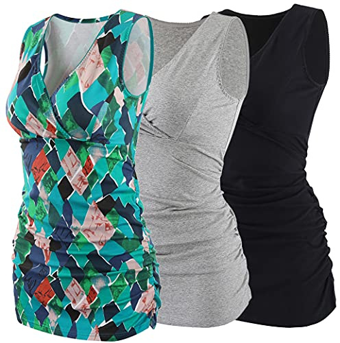 COLOMI Still Tank Top ärmlös pyjamas toppar Still Cami amning bh, Svart+grå + grönt tryck/3-pack, S