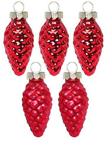 Inge Glas Magic Mini Weihnachtskugeln Zapfen 4,5cm 12 Stück Glas in Karton-Box (Merry Red | rot Glanz matt)