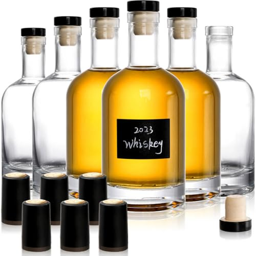 Hacaroa Set of 6 Glass Liquor Bottles with T-Top Caps, 375 ml Clear Bordeaux Wine Bottle, Heavy Base Vodka And Home Brewing Bottles for Kombucha, Beverages, Juice, Oils