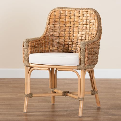bali & pari Kyle Modern Bohemian Natural Rattan Dining Armchair with Woven Seagrass Backrest