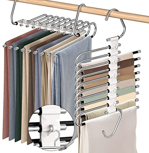 9 Layers Pants Hangers Space Saving, 2 Pack Multifunctional Pant Rack Stainless Steel Closet Organizer for Pants Jeans Leggings Trousers, Antiquewhite
