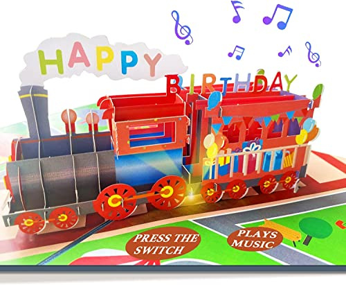 Carte d'anniversaire avec musique 3D,Motif train,Cartes d'anniversaire avec cartes à jouer pour anniversaire,Cartes d'anniversaire amusantes pour époux, elle, enfants (carte d'anniversaire de train)