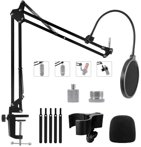 Boom Arm Mic Stand for Blue Yeti, HyperX Quadcast, Nano, Snowball, Elgato Wave, Fifine K688 and Other Mic, Adjustable Microphone Arm Stand with 3/8 to 5/8 1/4 Screw, Pop Filter Mic Clip Cable Ties