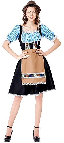Dirndl Damen 3 Teilig - Trachtenkleid Midi Dirndlkleid Trachten Kleid + Dirndlschürzen+Trachtenhut Dirndel Trachtenmode Dirndelkleider Dirndl & Dirndl-Sets für Frauen Mädchen Oktoberfest