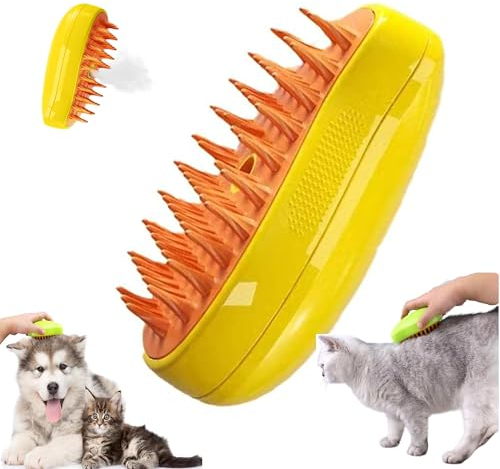 3 in 1 Steamy Cat Brush - Multifunctional Self-Cleaning Cat Steam Brush for Massage, Removing Tangled and Loose Hair, Pet Hair Cleaner for all Types of Fur (Yellow Green)