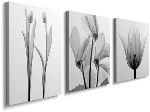 Home Decor 3 Piece Grey Flower Canvas Wall Art for Living Room Dining Room Bedroom Bathroom Kitchen Print Painting for Home Decorations s - 30 * 40cm / 12 * 16inch, GYH004