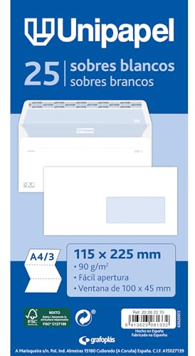 Unipapel Packung mit 25 Umschlägen mit rechtem Fenster (100 x 45 mm), 90 g, Maße: 115 x 225 mm, gerader Verschluss mit selbstklebendem Autodesk-Silikonstreifen, einfaches Öffnen, FSC, perfekt für