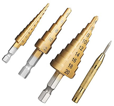 Lot de 4 forets étagés HSS en titane haute vitesse avec poinçon central automatique, forets à trous multiples pour plastique, bois, métal