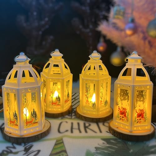 4 Pièces Lanternes Décoration Noël Personnalisée, Lanterne LED Noël Suspendue, Lampe à Bougie Deco Noel Interieur Extérieure avec Arbre Père Noël Elk Bonhomme Neige,Lumière Blanc Chaud ,13x7 cm