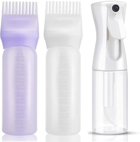 3 PCS Plastic Hair Dye Oil Applying Applicator with Graduated Scale, Root Comb Applicator and Continuous Spray Bottle, 200ml(white)