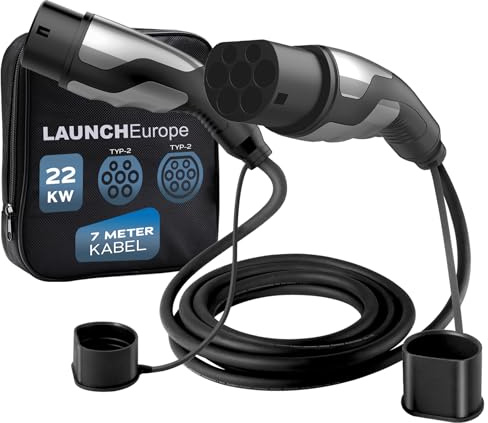 LAUNCH Type 2-Laddkabel 22 kW 7 m 32 A - 3-fasig Laddkabel för Elbilar EV/PHEV - Type 2 till Type 2 - Inklusive Bärväska - IP55 - Passar för T-Model och e-Golf Seriefordon