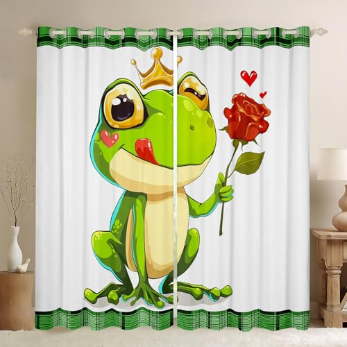 Manfei Cartoon Frog Kids Blackout Curtain,Geometric Grids Patch Window Drapes for Boys Girls,Roses Flowers Cute Pond Animal Rustic Green White Window Treatments Grommet Top 2 Panel Set,52Wx90L inch