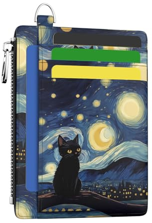 Hancynir Slim Wallet Women Credit Card Holder Black Cat Starry Night RFID Small Mini Card Case Front Pocket PU Leather Thin Travel Zipper Coin Cash ID Window Girls Wallet Gifts