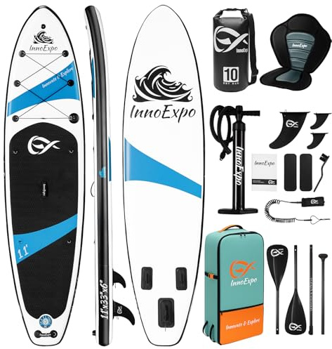 InnoExpo Inflatable Stand Up Paddle Boards with Premium Accessories, Wide Stable SUP Paddle Board Design, Non-Slip Comfort Deck for Youth & Adults (Black/Kayak Seat, 11'x33''x6'')
