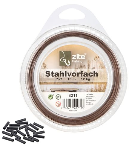 Zite Fishing Vorfachmaterial Stahl | Premium 7x7 Edelstahlvorfach für Raubfische 6-12kg | Vorfachmaterial zum Selberbauen | 10m Spule mit 20 Quetschhülsen | Nylonummantelung in Braun (12 kg)