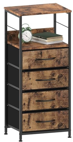 CADUKE Kommode mit 4 Schubladen, Schrank mit Schubladen aus Stoff, Aufbewahrungsschrank mit Metallgestell für Schlafzimmer Wohnzimmer Flur, Rustikales Braun
