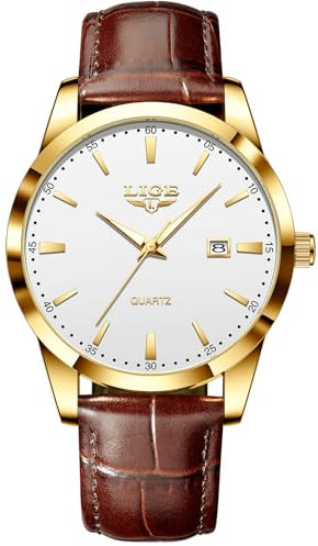 LIGE Herren Uhren Wasserdicht Quarz Armbanduhren Für Herren Männer Uhr Mit Datum gelb-braun Lederarmband Retro Business Men's Watches Geschenk für männer,Goldweiß