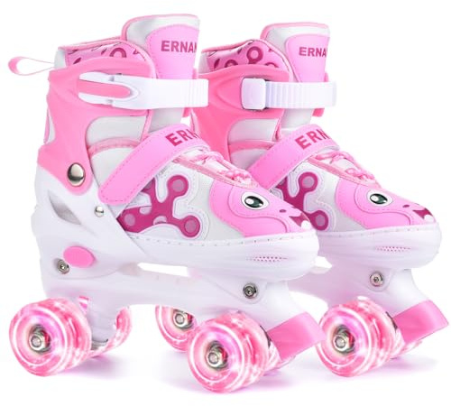 ERNAN Roller Enfant Filles et Garçons,Patin a Roulette Enfant 4 Taille Réglable, Roller Quad Enfant avec 8 Roues Lumineuses. Patins à roulettes pour Enfants pour débutants (Light Pink, S)
