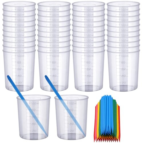 Gartful 90PCS Epoxy Mixing Cups Kit, 40PCS 100ml Disposable Graduated Cups Transparent Scale Cups with 50 Pack Pointed Stirring Sticks for Paint Mixing, Jewelry Making, Liquid Measuring