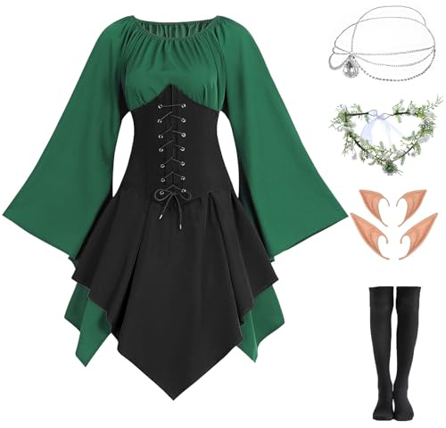 Vestito medievale gotico da donna, tradizionale, irlandese, rinascimentale, verde, per carnevale, Halloween, costume da pirata, cosplay, con catena, fiore, orecchie da elfo, calzini sopra il ginocchio