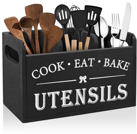Kitchen Utensils Holder - Black Utensil Holder Cooking Utensil Organizer with 3 Compartment Drainage Bottom, Wooden Cutlery Storage Holder Farmhouse Cutlery Caddy, Cooking Tools Storage for Countertop
