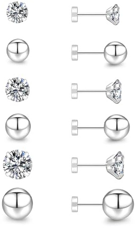 Senteria 6 Pairs 925 Sterling Silver Stud Earrings for Women Hypoallergenic Small Silver Stud Earring Set for Multiple Piercings Cartilage AAAAA Cubic Zirconia Flat Back Studs Earring for Women