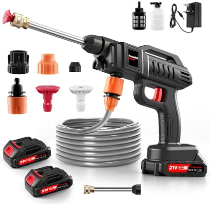 Nettoyeur haute pression sans fil avec batterie - Maximum 60 bar - Pistolet à eau mobile haute pression avec raccord de robinet et 2 batteries de 2000 mAh - Nettoyeur à pression sans fil avec
