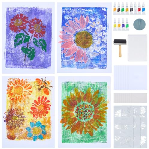 WEBEEDY 10 Sets Gel Printing Plate Kit for Beginner, Complete DIY Printmaking Kit with 5x 7 Gel Plate, Sunflower Stencil, Brayer, A5 Paper, Paints & Instruction for Mixed Media Art Printing Supplies