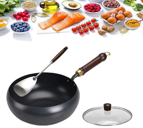 Yowikuw Foratura di ferro non rivestita, wok in ferro, 26 cm, anti-colla, padella in ferro senza rivestimento, durevole e antiruggine, per stufa a gas, arrosti, fondo rotondo con coperchio in vetro
