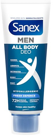 Sanex Men Crema Todo el Cuerpo Deo Frescor Total 75ml, Desodorante para Manos, Pies, Axilas, Cuerpo y Zonas Íntimas, 72 h de Protección contra el Olor Clínicamente Probada, Hipoalergénico