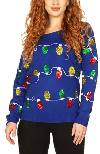 Tipsy Elves Sequined Ugly Christmas Sweater for Women Christmas Lights Cute Lady's Holiday Decorations Blue Pullover Size Large