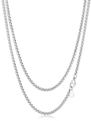 Suplight Silver Square Rolo Chain Necklace 3mm Stainless Steel Round Box Chains Necklace for Men Women 32 inch