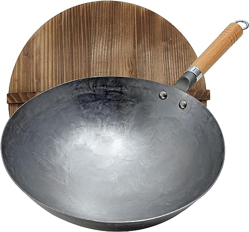 Wok, wok fatto a mano in acciaio al carbonio, 30/32/34 cm Ø fondo tondo in acciaio al carbonio per fornello a gas, spessore 1,5 mm, con manico in legno e acciaio,34CM