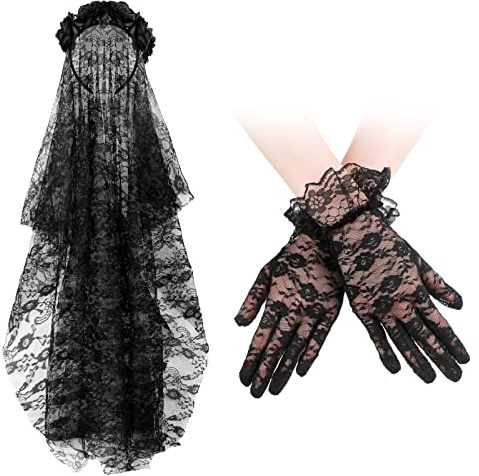 Jadive Set di Fascia con Velo in Pizzo da Halloween e Guanti in Pizzo Corti Neri Corona di Rose con Velo Eleganti Accessori di Copricapo di Velo Floreale per Ragazze Donne Prom e Festa di Nozze