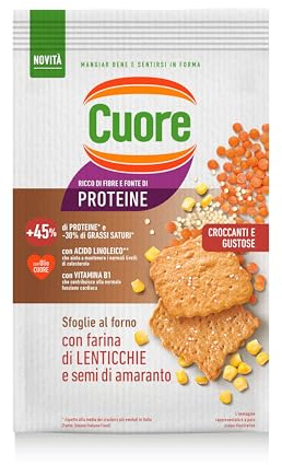 Cuore - Sfoglie Croccanti Lenticchie, Cotte al Forno. Confezione da 170 g, con Farina di Lenticchie Rosse e di Mais e Semi di Amaranto. Ricche di Fibre e Fonte di Proteine