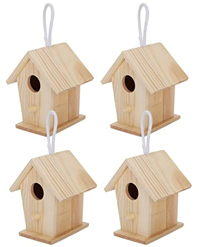 Casas de Pájaros de Madera, 4 Piezas Mini Nidos de Pájaros Colgantes Adornos Juego de Manualidades de Pintura de Bricolaje para Niños, Casa de Pájaros de Madera Sin Terminar para Jardín Al Aire Libre