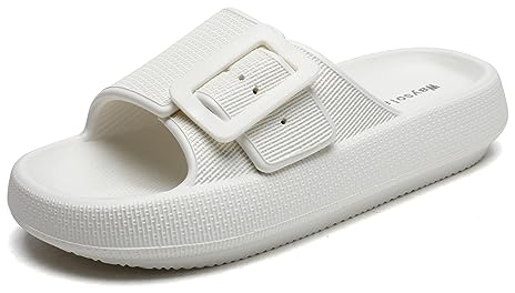 Waysoland Cloud Sliders Women Men Sandals with Adjustable Buckles,Shower Bathroom Non-Slip Quick Drying Open Toe Super Soft Comfy Thick Sole slippers Indoor Outdoor Shoes(White,2.5/3.5 UK)