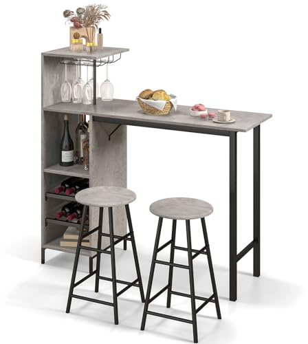RELAX4LIFE Set di Tavolo con 2 Sedie con Porta Bottiglie da Vino, Portacalici, 4 Ripiani, Salvaspazio, Per Balcone, Cucina, Soggiorno, in Legno e Metallo,120 x 40 x 121,5 cm (Grigio)