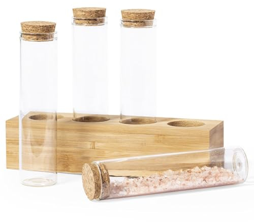 noTrash2003 Lot de 4 bocaux à épices style tube à essai pour votre cuisine, cuisine, assaisonnement ou botanique pour votre gin avec couvercle en liège dans un support en bois