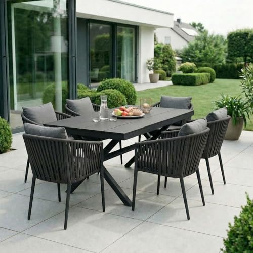 IDIMEX Gartenmöbelset ISOLA mit 1 Tisch und 6 Stühlen, inkl. Sitzkissen, Tisch und Stühle aus Alu, bespannt mit Rope, Tischplatte aus WPC schwarz, Terassenmöbel.