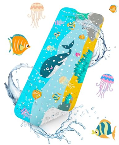 HITSLAM Baby Bath Mat Non Slip, Bathtub Mat Non Slip, 101 x 40cm Extra Long Bath Tub Mat for Kids, Bathroom Shower Mat with Suction Cups and Drain Holes, Soft on Feet, Machine Washable, Whale