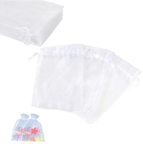 Sufune Organza Bags White, 50pcs 10X15cm Mesh Wedding Favour Gift Bags with Drawstring for Jewelry Makeup Candy Baby Shower Party Christmas Festival Packing（white）