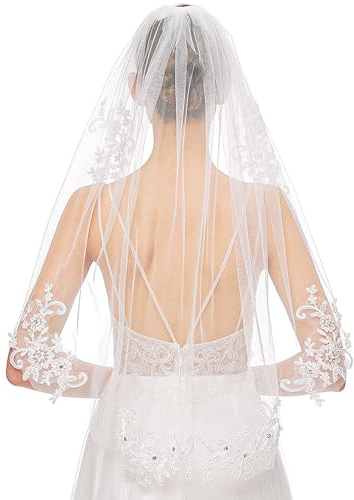 Andibro Kurz Hochzeit Brautschleier, Strass Schleier Elegante Braut Tüll mit Kamm Ellbogenlänge Hochzeitsschleier Blumenstickerei Schleier für Damen Hochzeit Zubehör Party Einzeln Partei