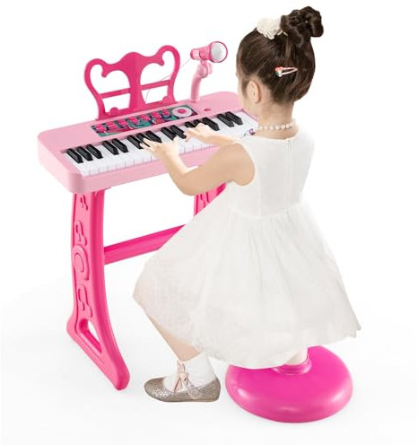 DREAMADE Clavier de 37 Touches pour Enfants 3+ Ans, Piano Jouet Musical Électronique avec Microphone, Tabouret Confortable, Pupitre de Musique Amovible (37 Touches Rose)