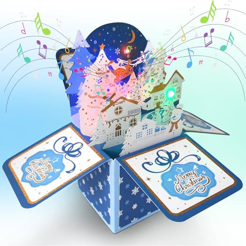 Carte de Noël 3D Pop up avec Lumière et Musique, Père Noël, Carte de Vœux de Noël avec Enveloppe, Cartes de Noël pour Membres de la Famille, Epouses, Maris, Mamans (A)